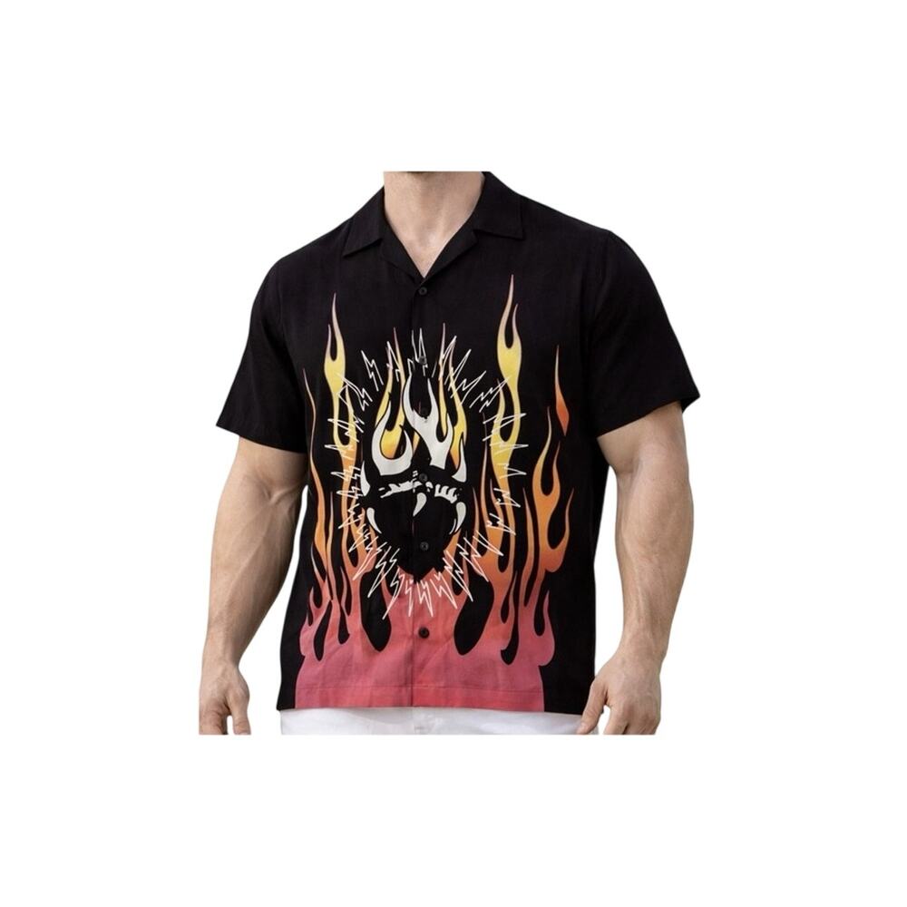 Ed Hardy Shirt Mens XXL Flame Graphic Button Up Shirt Black Tattoo Streetwea NWT